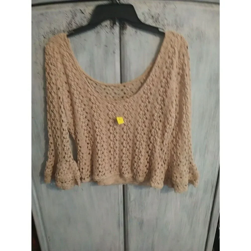 Free People Crocheted Flared Sleeve Top Small Beige Boho Cottage Core Y2k